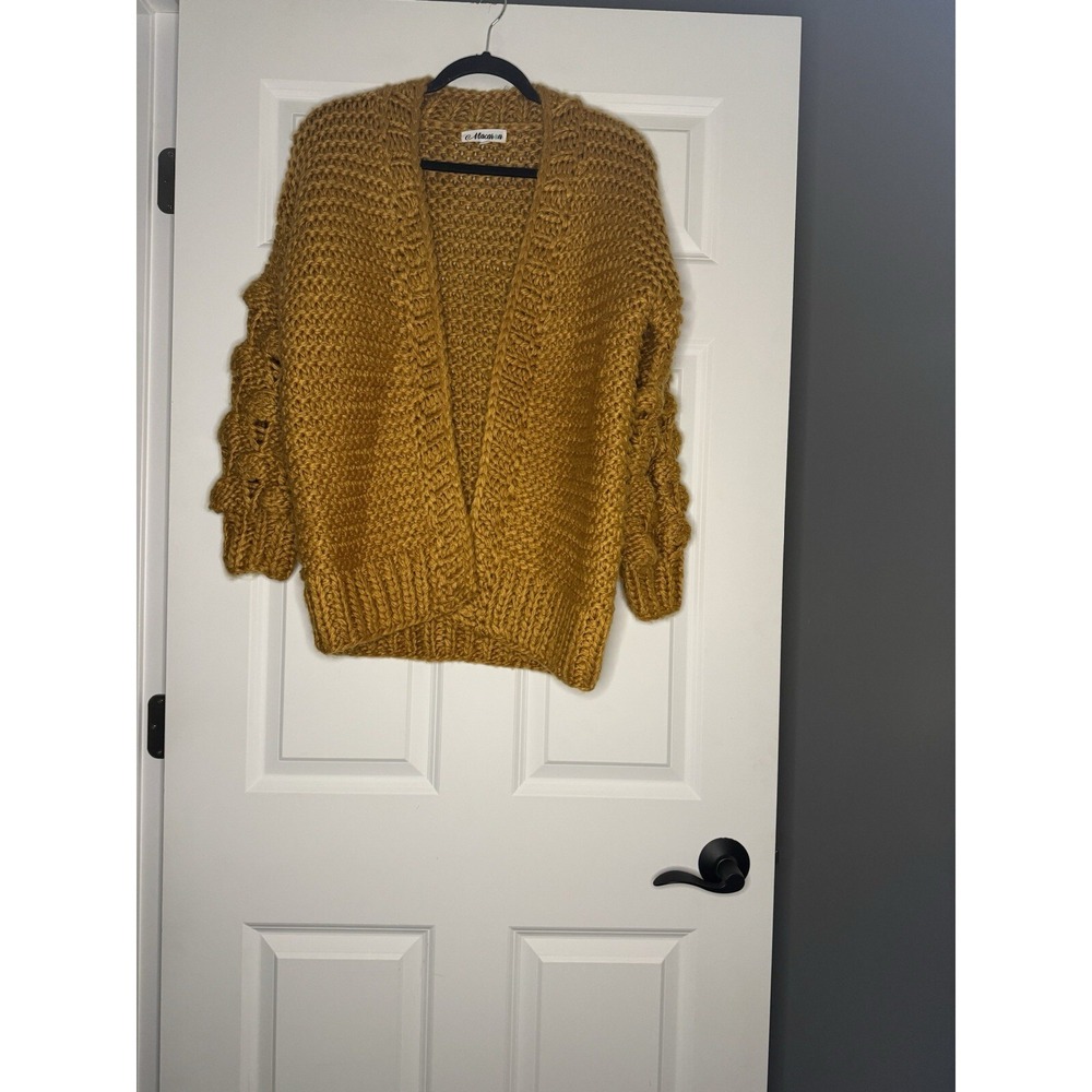 Macaron Bubble Sleeve Chunky Knit Cardigan Sweater Small Mustard